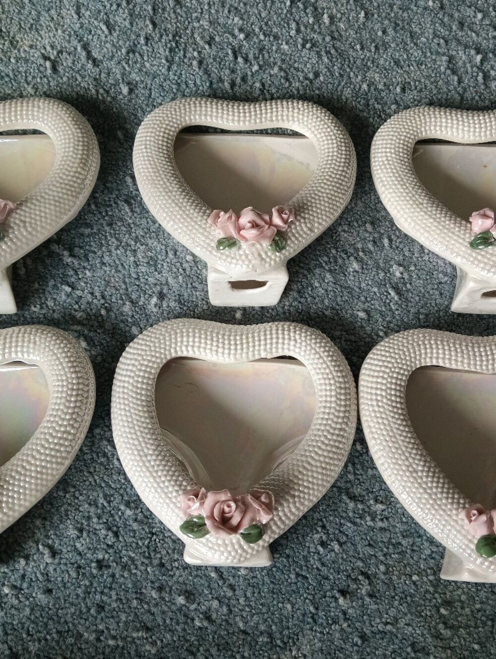Set of 6 Ceramic Heart Wall Pockets with Pink Rose Appliques